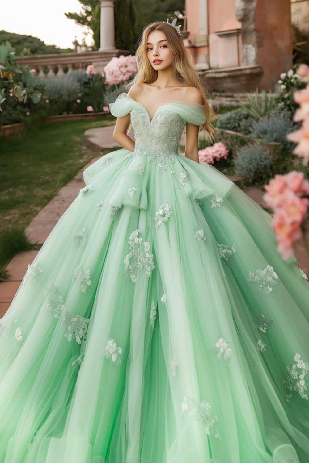 Mint Green Off the Shoulder Ball Gown Tulle Applique Quinceanera Dress