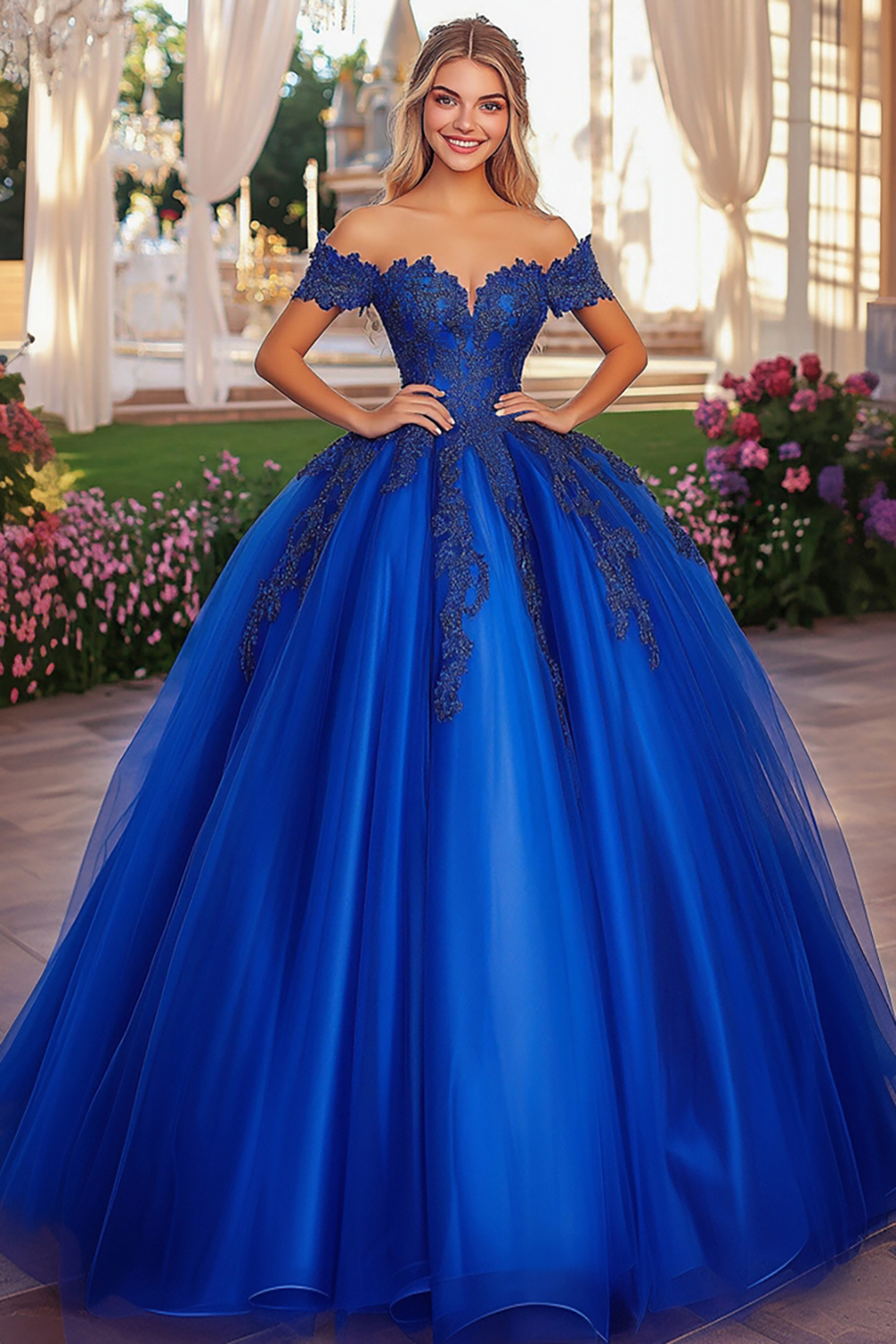 Stylish Royal Blue Off the Shoulder Ball Gown Tulle Applique Quinceanera Dress