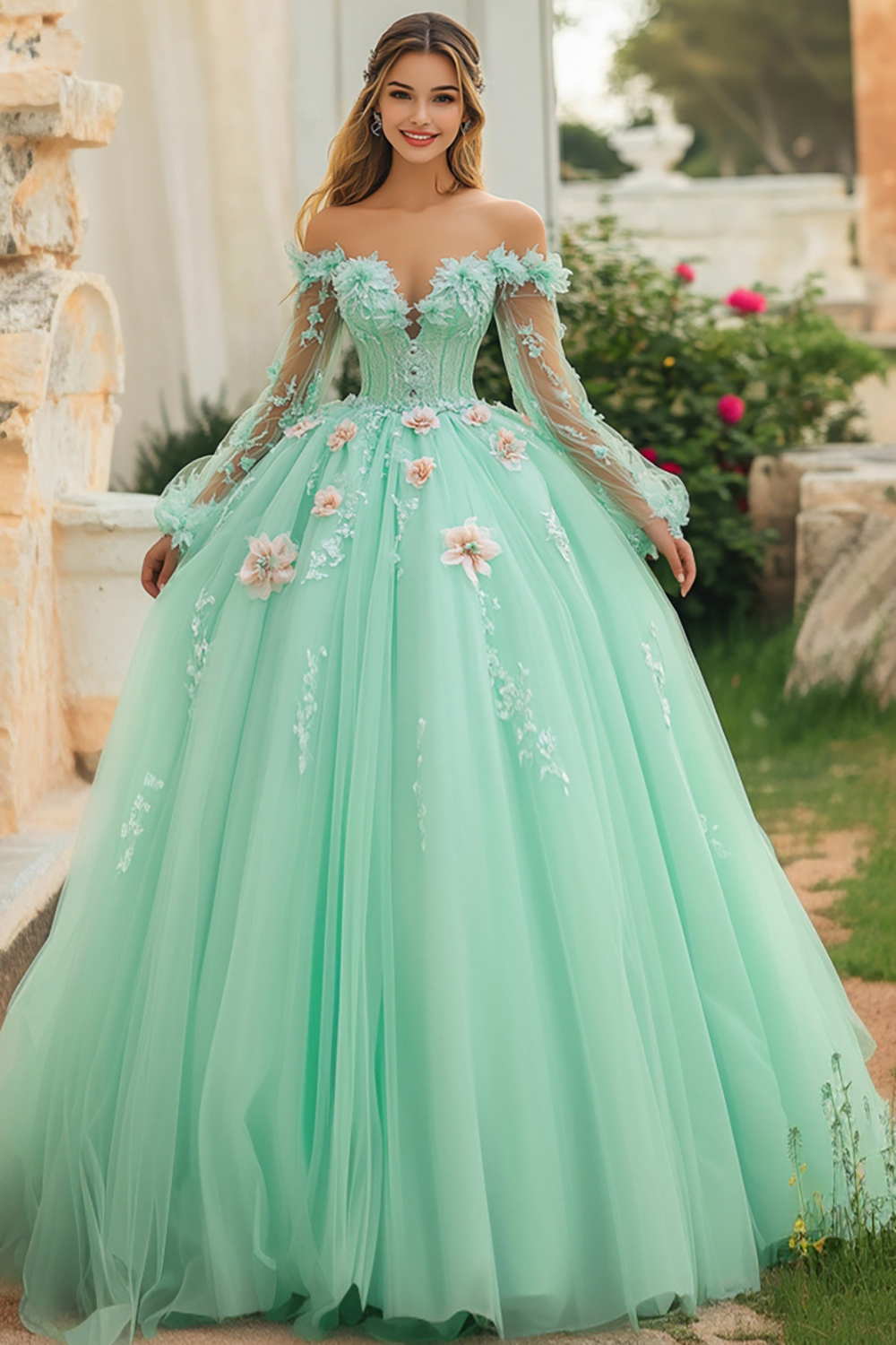 Mint Green Off the Shoulder Long Sleeves Ball Gown Tulle Quinceanera Dress with Appliques