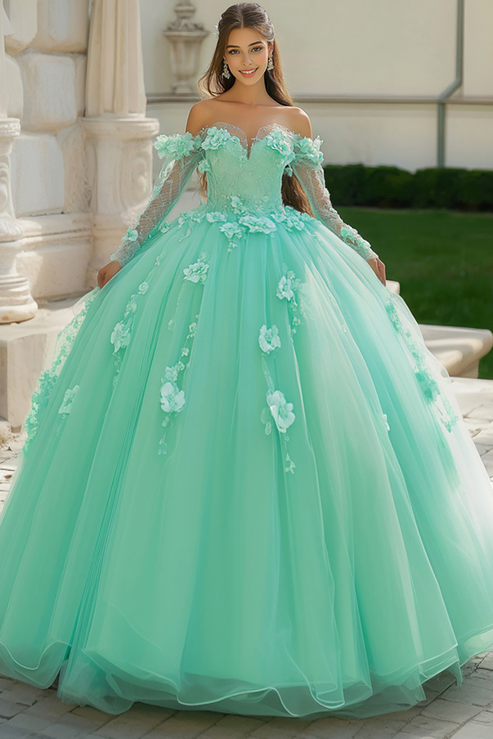 Mint Green Off the Shoulder Long Sleeves Ball Gown Tulle Applique Quinceanera Dress