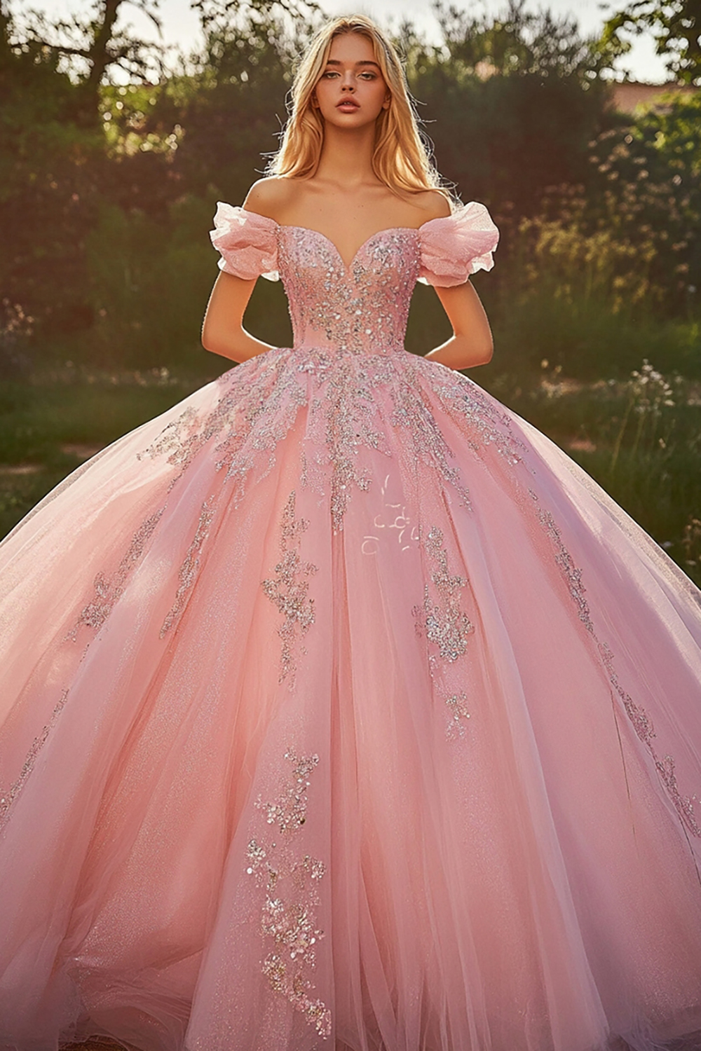 Glitter Pink Off the Shoulder Ball Gown Tulle Applique Quinceanera Dress