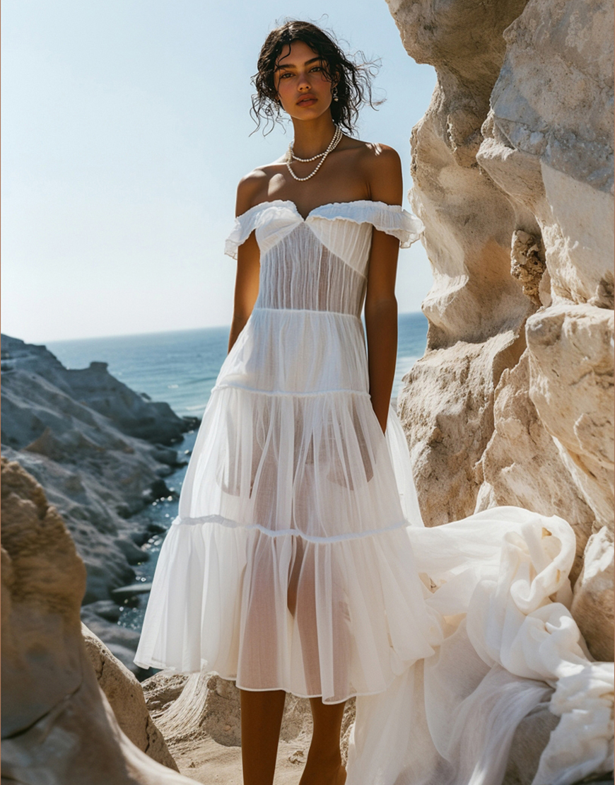 Simple White A-Line Ruffled Off the Shoulder Tea Length Graduation Dress