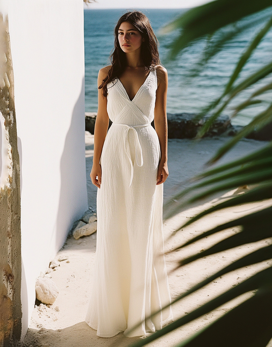 White Sheath V Neck Long Graduation Dress with Sash