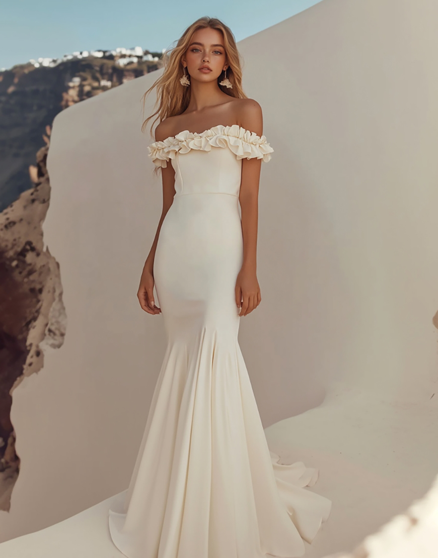 White Mermaid Ruffle Off the Shoulder Satin Long Graduation Dress