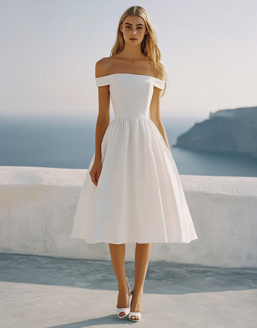 A-Line Off the Shoulder Tea Length Little White Graduation Dress