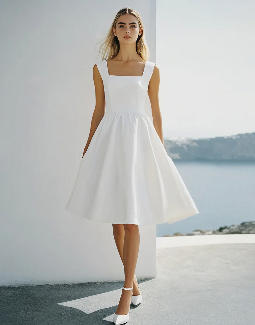 A-Line Square Neck Knee Length Little White Graduation Dress