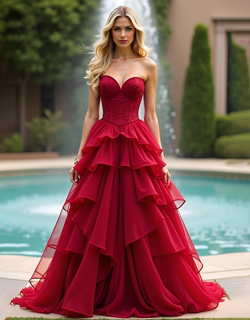 Red A Line Sweetheart Ruffles Tulle Corset Long Prom Dress