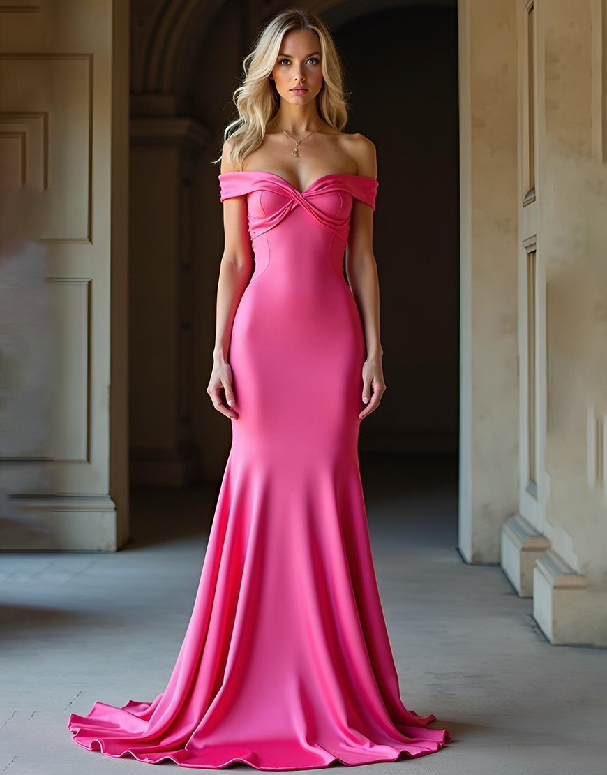 Fuchsia Mermaid Off the Shoulder Ruched Long Prom Dress