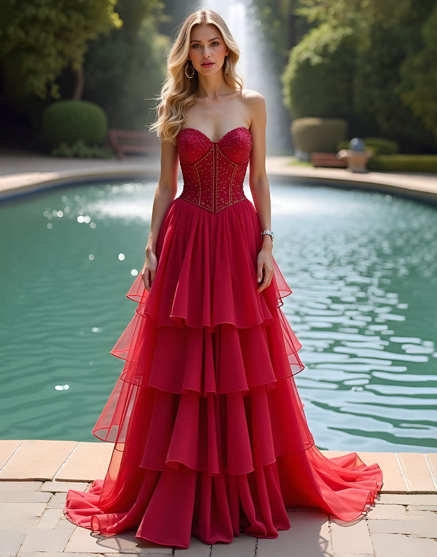 Sparkly Sweetheart Red A Line Tiered Long Prom Dress with Beading