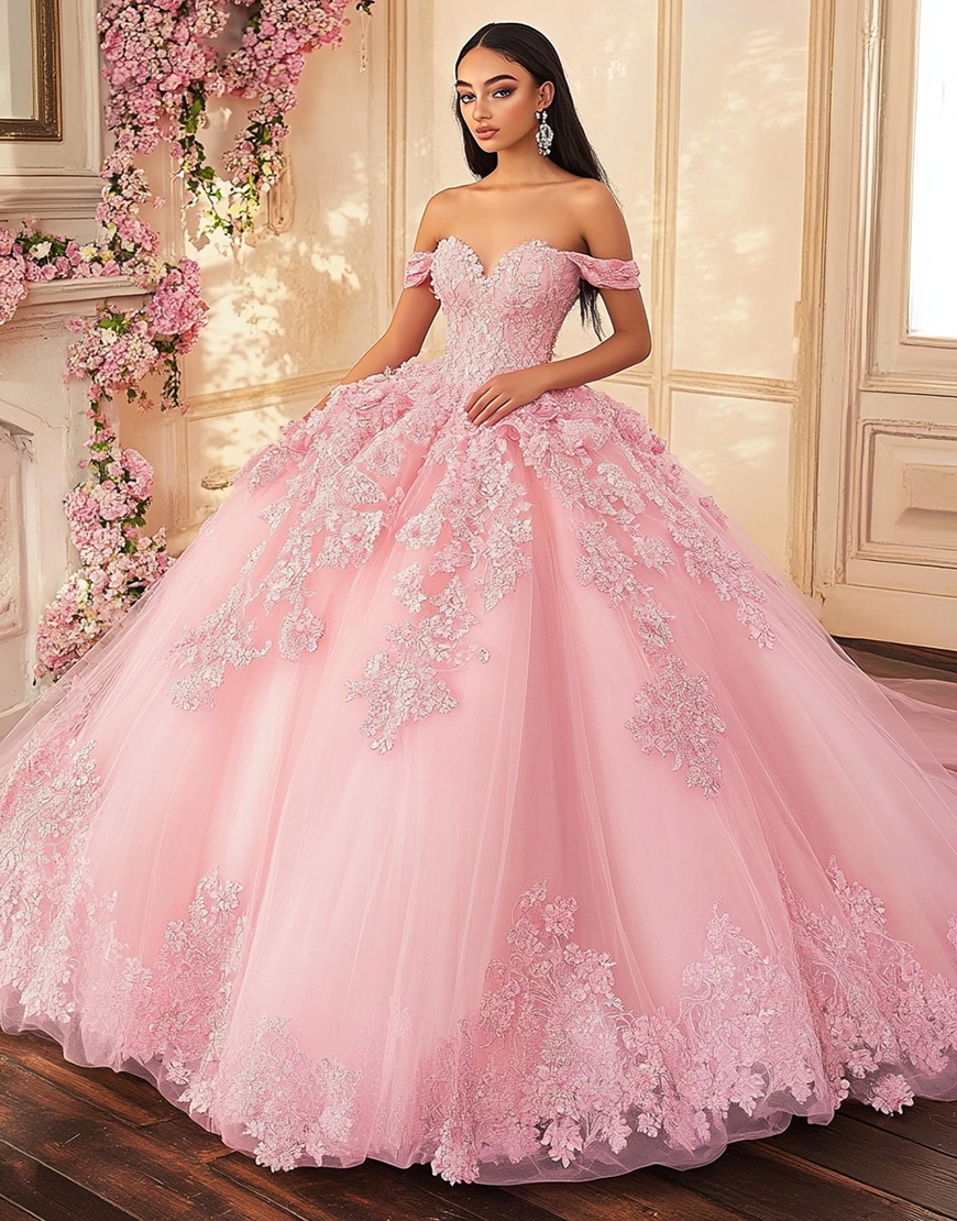 Graceful Pink Off The Shoulder Sweetheart Tulle Sweet 16 Dresses with Appliques