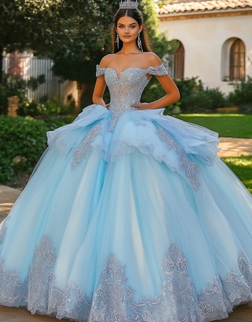 Sparkly Sky Blue Off The Shoulder Sweetheart Tulle Sweet 16 Dresses with Appliques