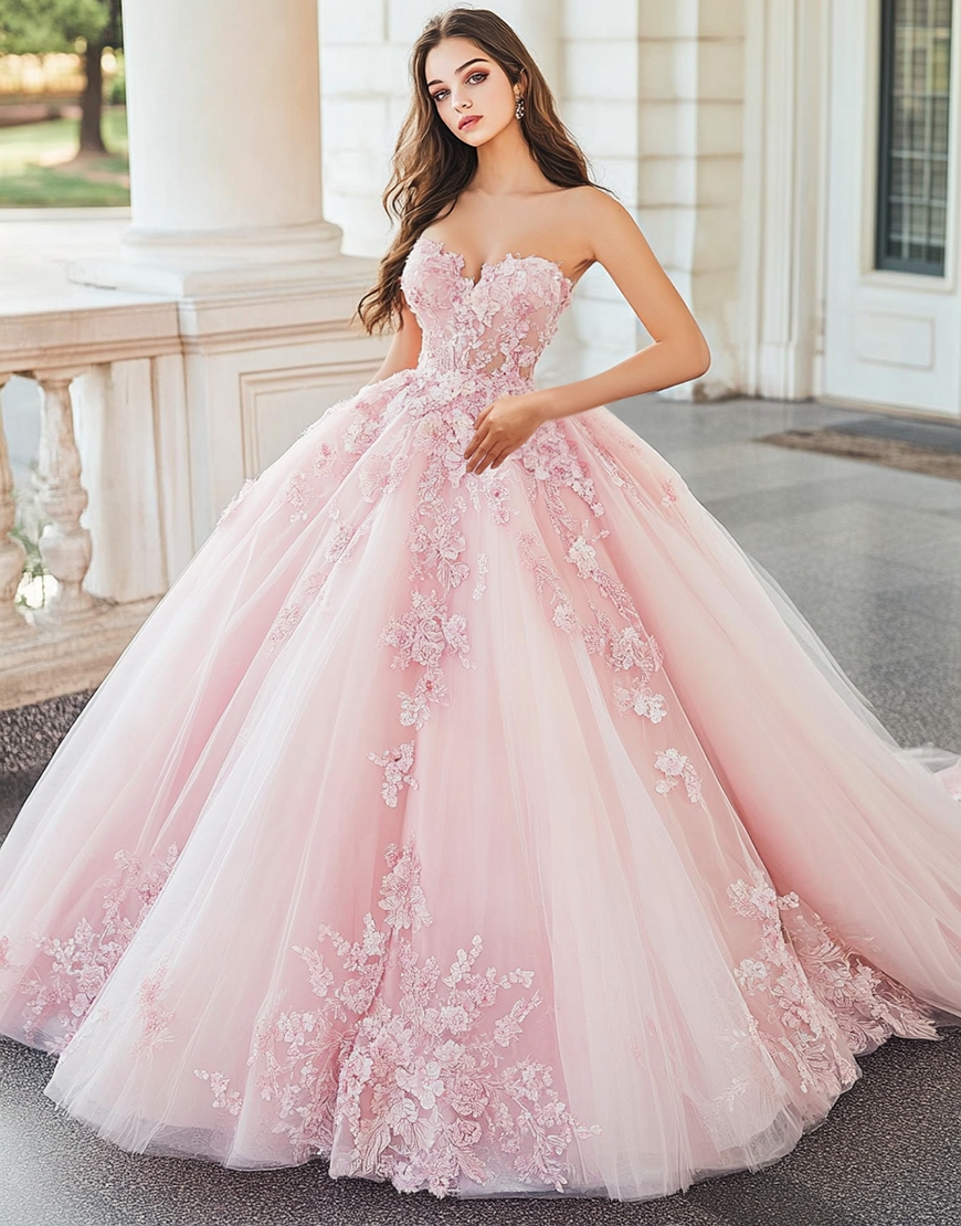 Graceful Pink Strapless Sweetheart Tulle Sweet 16 Dresses with Appliques