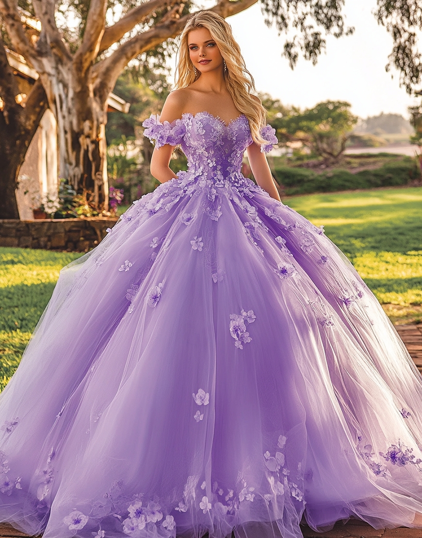 Graceful Plum Off The Shoulder Sweetheart Tulle Sweet 16 Dresses with 3D Flowers