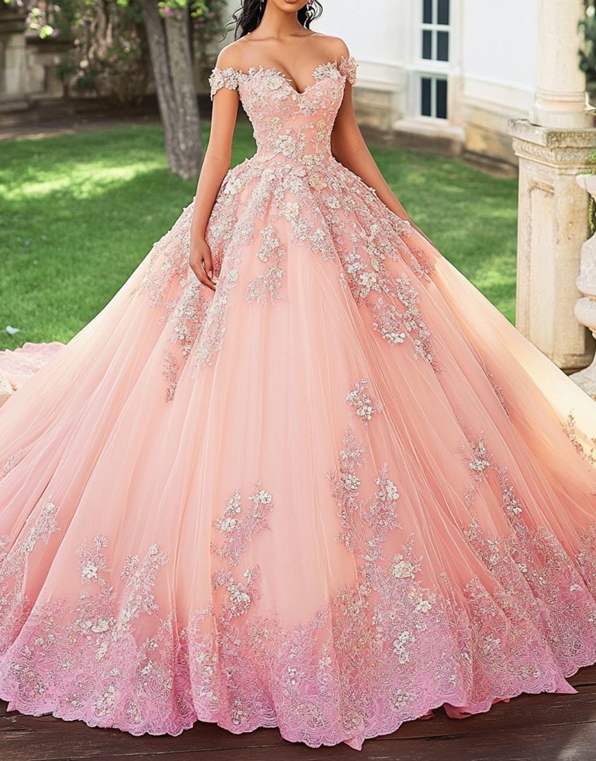 Graceful Blush Off The Shoulder Sweetheart Tulle Sweet 16 Dresses with Appliques