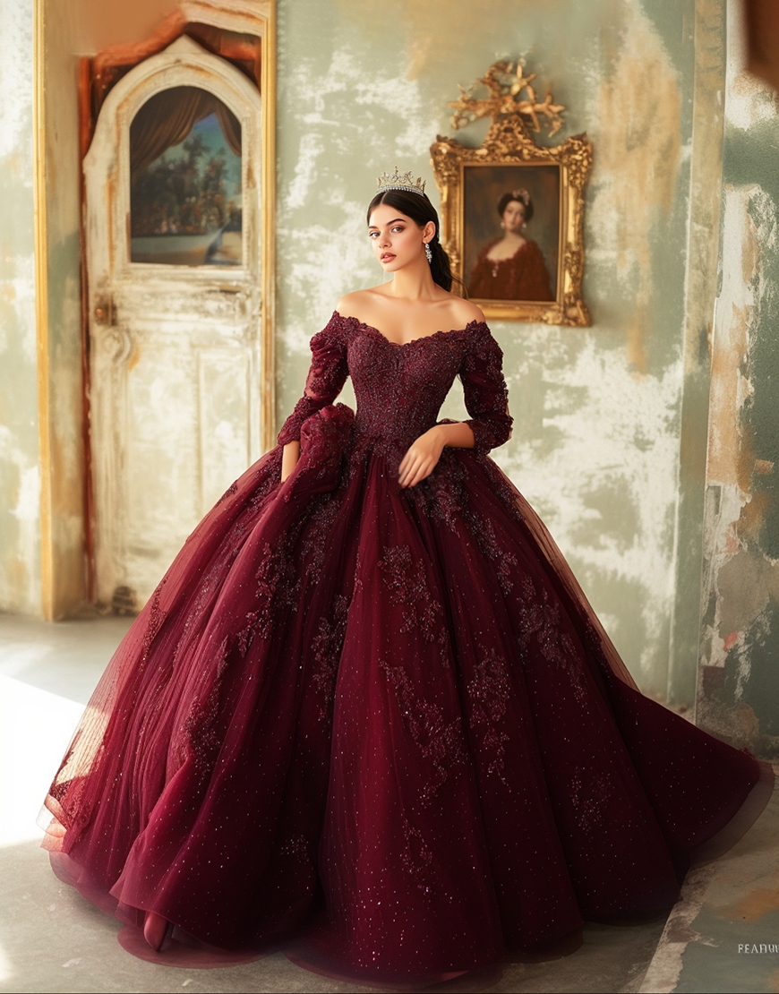 Sparkly Burgundy Strapless Long Sleeve Tulle Sweet 16 Dresses with Lace Appliques