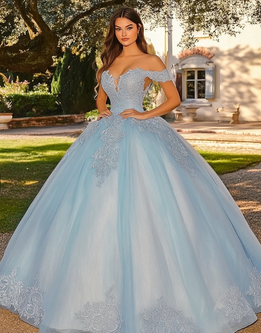 Sky Blue Off The Shoulder Sweetheart Tulle Sweet 16 Dresses with Lace Appliques