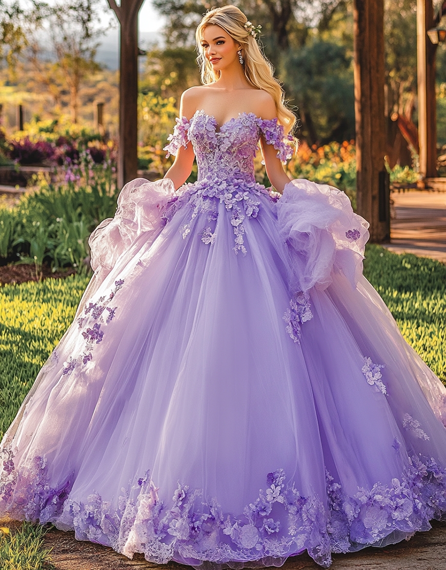 Elegant Lilac Off The Shoulder Sweetheart Tulle  Appliques Sweet 16 Dresses with 3D Flowers