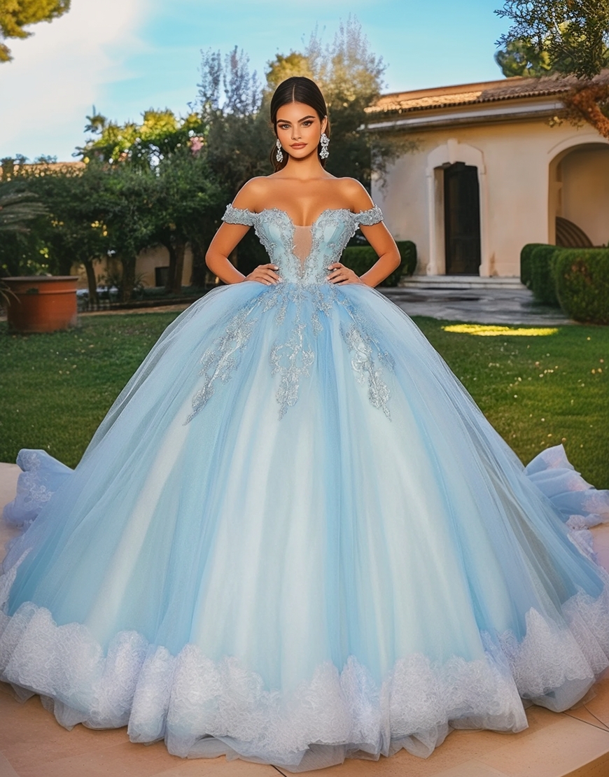 Sky Blue Strapless Sweetheart Tulle  Lace Sweet 16 Dresses with Appliques
