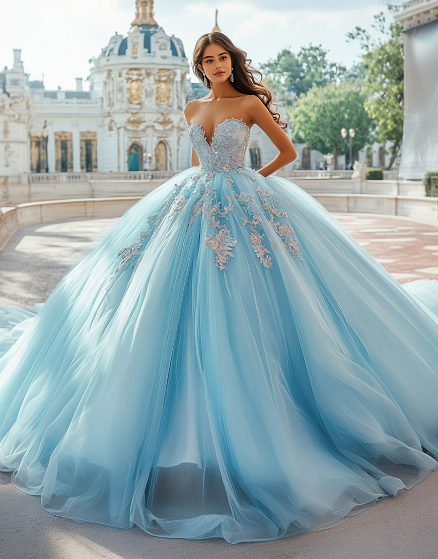 Princess Sky Blue Ball Gown Sweetheart Applique Tulle Quinceanera Dress