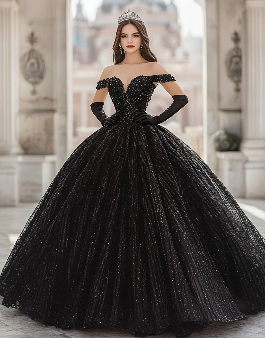 Princess Black Sequin Ball Gown Off the Shoulder Quinceanera Dress
