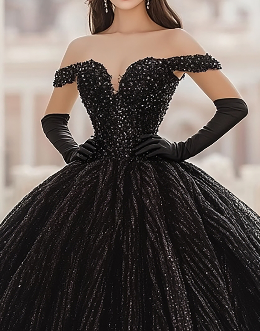 Princess Black Sequin Ball Gown Off the Shoulder Quinceanera Dress