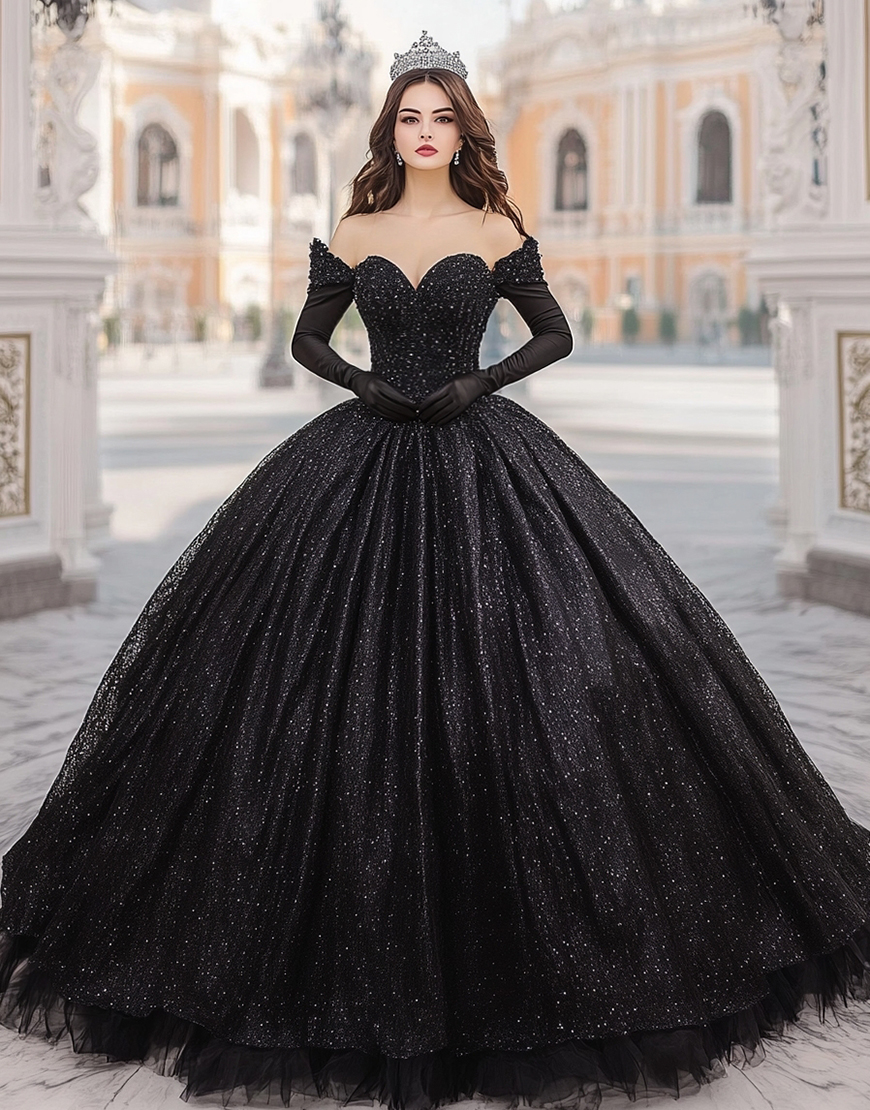 Princess Black Sequin Ball Gown Off the Shoulder Quinceanera Dress With Appliques