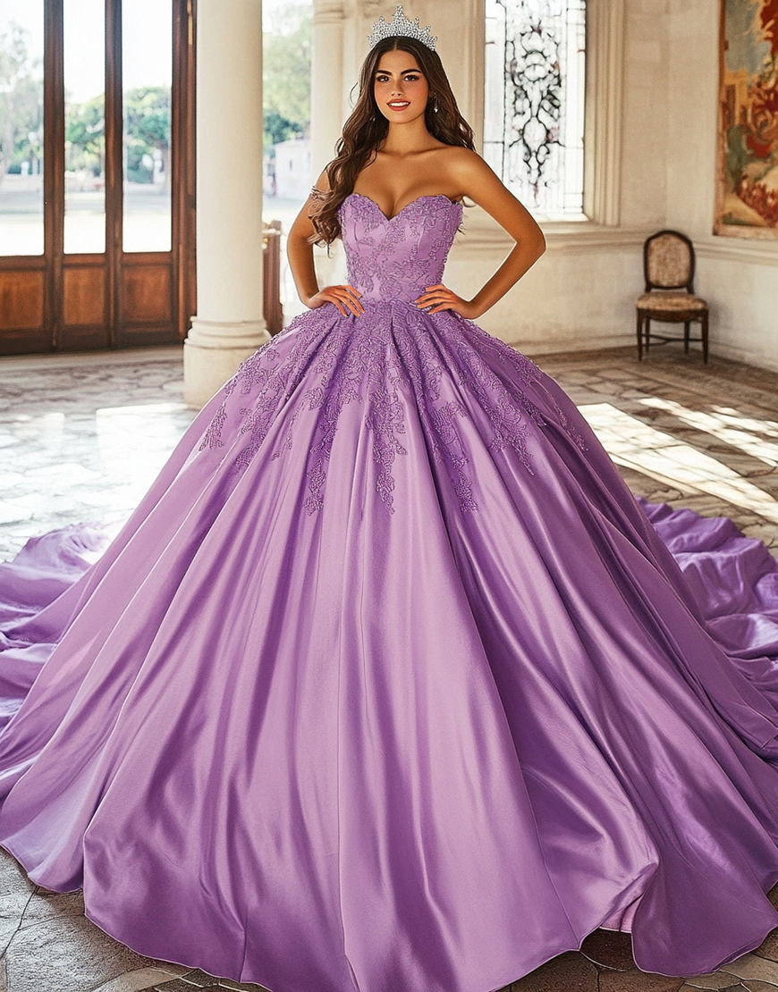 Princess Purple Ball Gown Strapless Quinceanera Dress With Lace Appliques