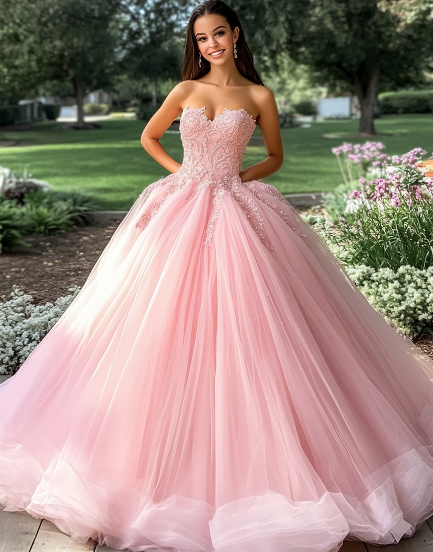 Sparkly Pink Ball Gown Strapless Tulle Quinceanera Dress With Lace Appliques