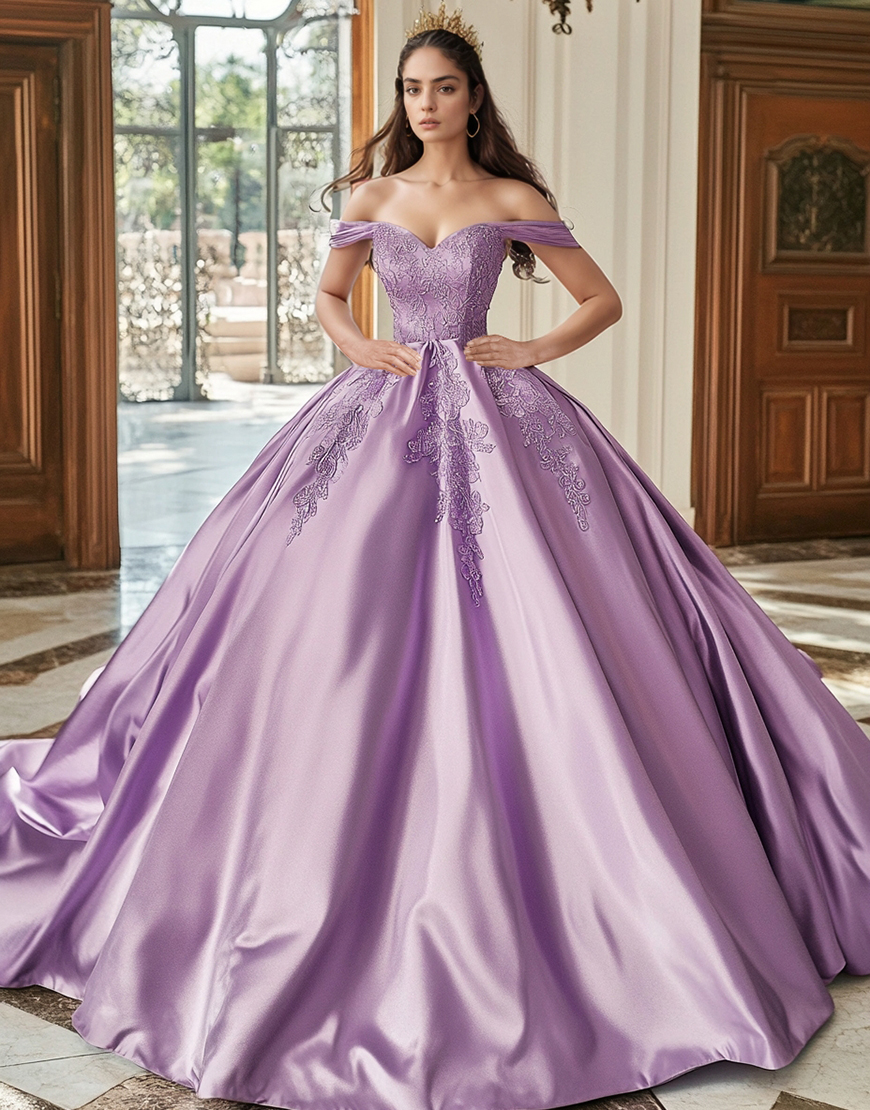 Princess Purple Ball Gown Off The Shoulder Lace Appliques Quinceanera Dress