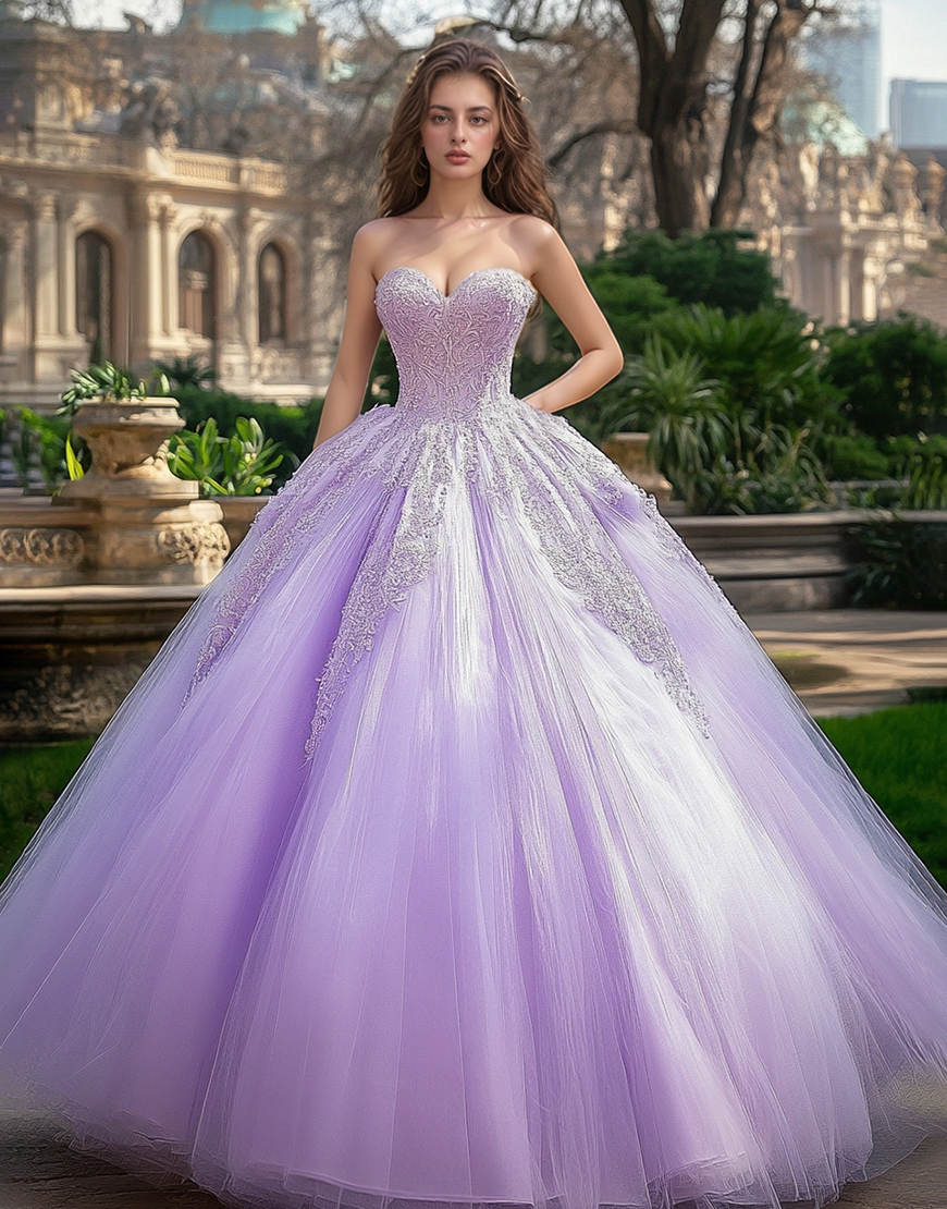 Princess Lilac Ball Gown Strapless Lace Tulle Quinceanera Dress With Appliques