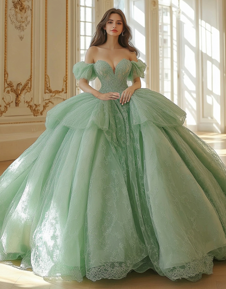Sparkly Mint Ball Gown Off The Shoulder Ruffle Quinceanera Dress With Lace Appliques