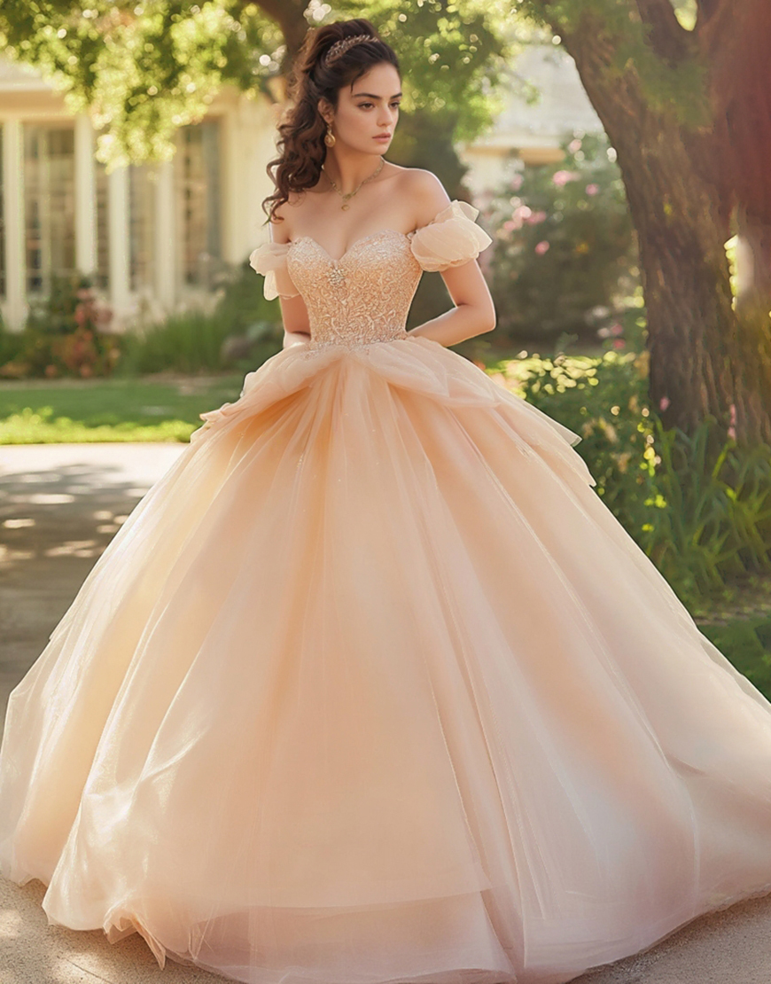 Princess Champagne Ball Gown Off The Shoulder Tulle Quinceanera Dress With Lace Appliques