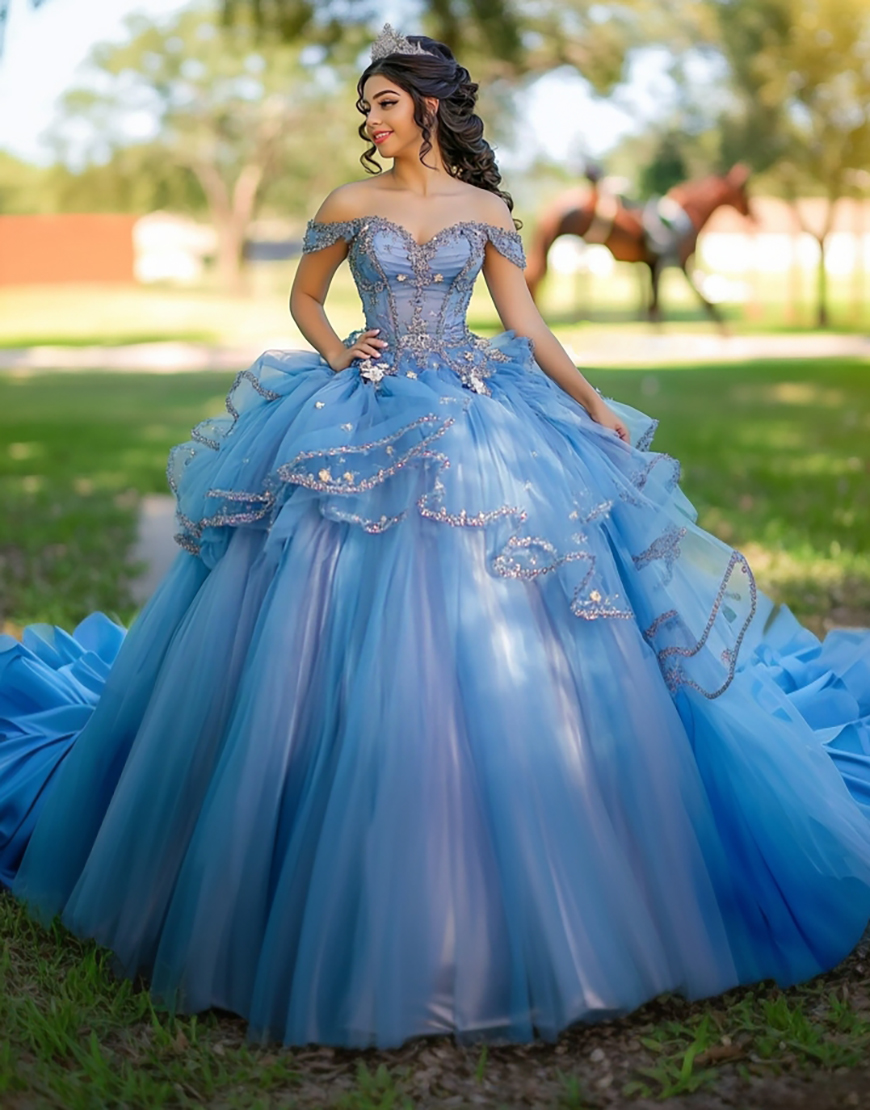 Sparkly Blue Ball Gown Off The Shoulder Lace Appliques Quinceanera Dress With Ruffles