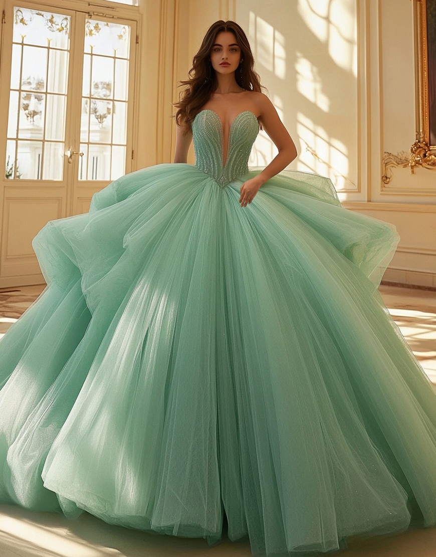 Princess Mint Ball Gown Strapless Tulle Quinceanera Dress With Appliques