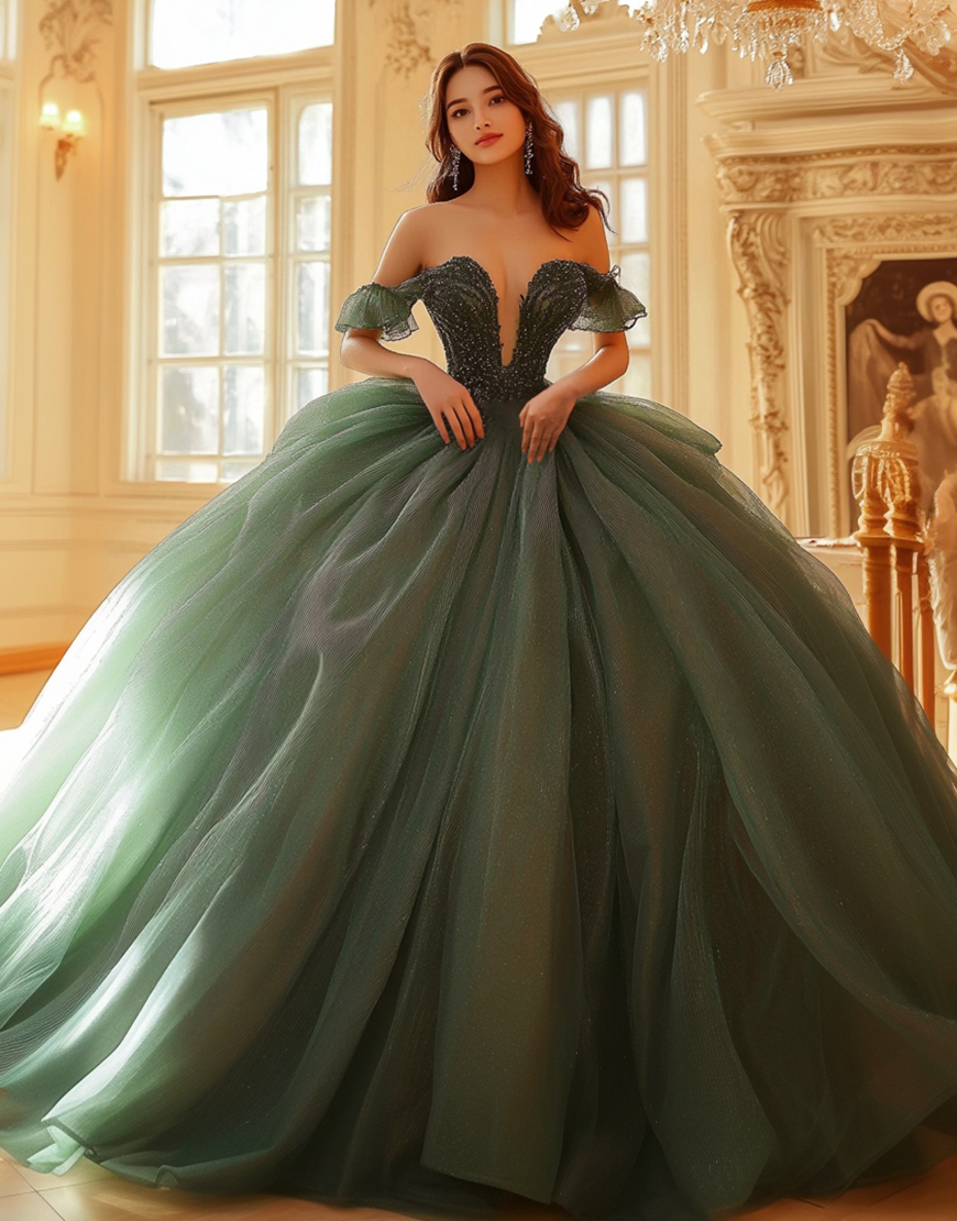 Princess Olive Ball Gown Off The Shoulder Organza Quinceanera Dress With Lace Appliques