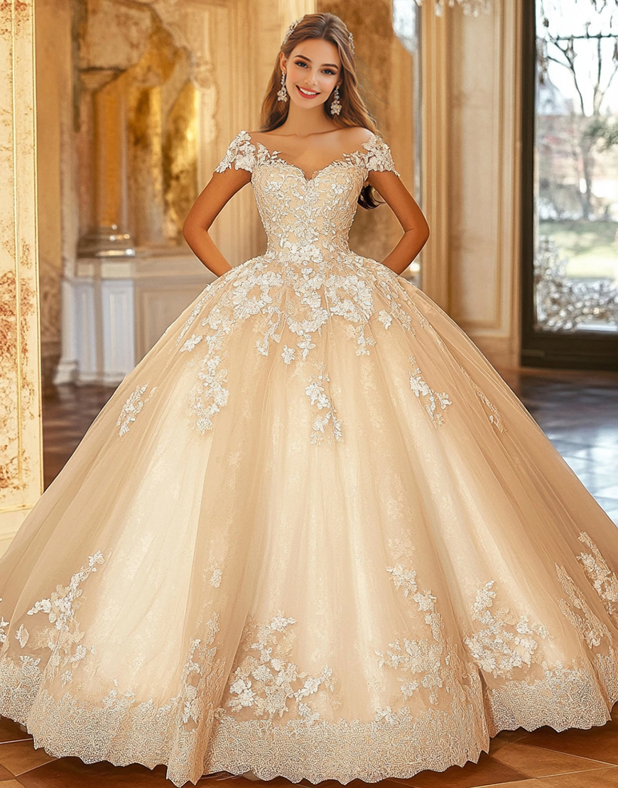 Champagne Off the Shoulder Ball Gown Tulle Quinceanera Dress with Appliques