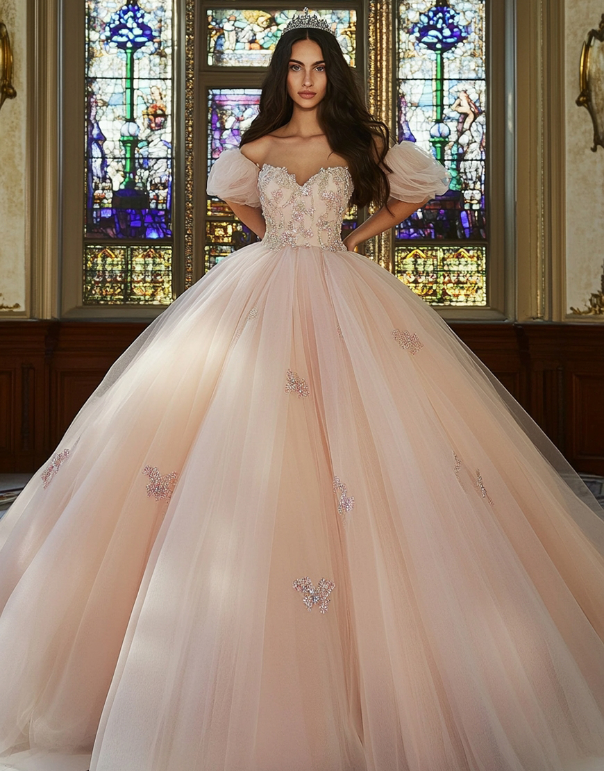 Pink Off the Shoulder Princess Ball Gown Tulle Quinceanera Dress with Appliques