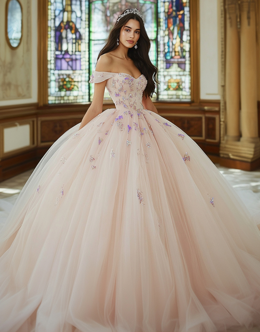 Pink Ball Gown Tulle Off the Shoulder Quinceanera Dress with Appliques
