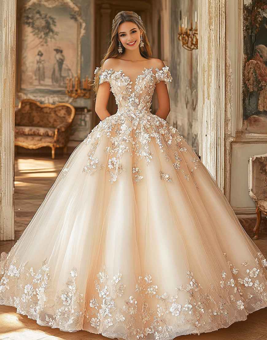 Champagne Off the Shoulder Tulle Princess Quinceanera Dress with Appliques