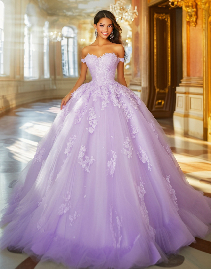 Lilac Off the Shoulder Applique Tulle Princess Quinceanera Dress