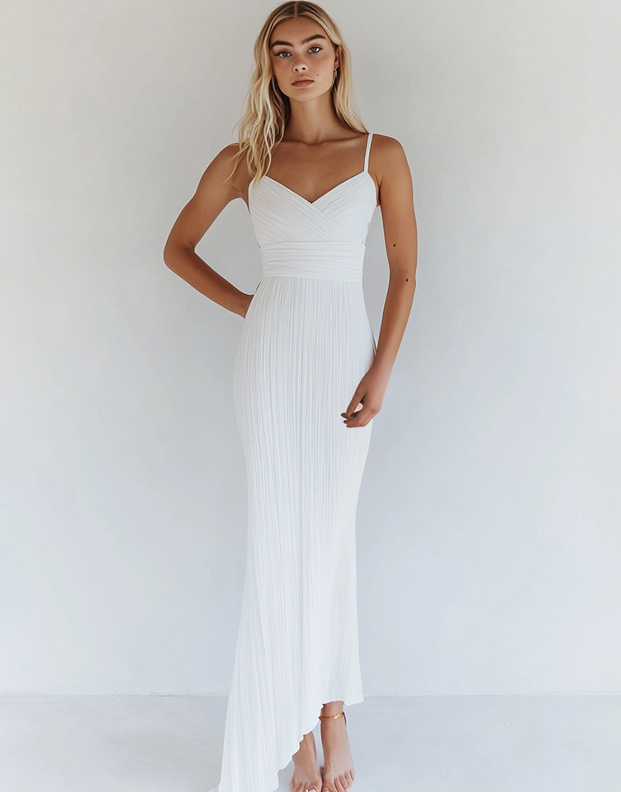White Mermaid Spaghetti Straps Pleating Long Graduation Dress
