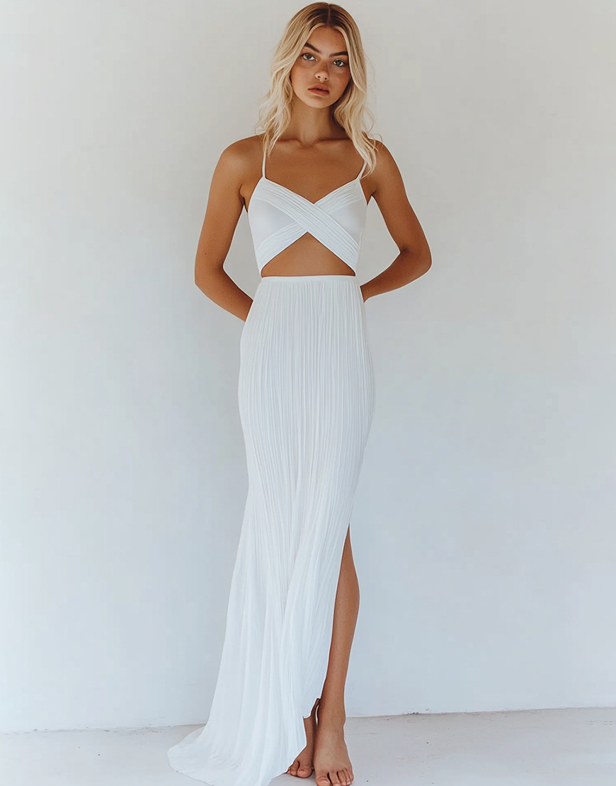 White Mermaid Spaghetti Straps Cut Out Waist Pleating Long Graduation Dress with Slit