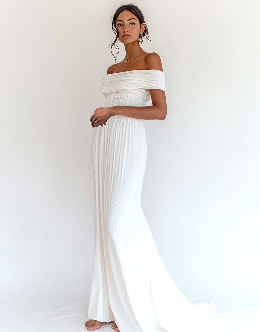 White Mermaid Off the Shoulder Pleating Long Graduation Dress