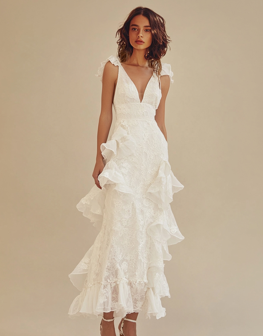 Berlinnova Women Elegant White Graduation Dress Sheath V Neck Lace Ruffles Ankle Length Little White Dress