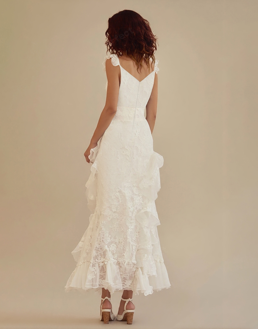 Berlinnova Women Elegant White Graduation Dress Sheath V Neck Lace Ruffles Ankle Length Little White Dress