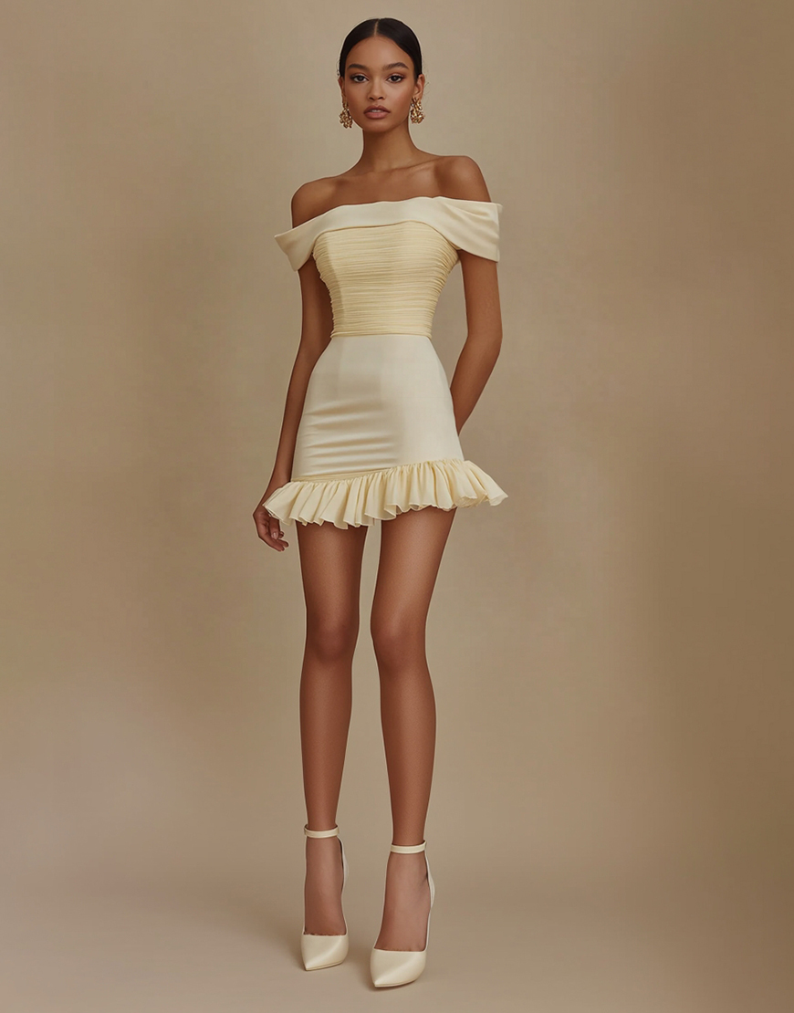 Elegant Bodycon Off the Shoulder Ruffle Ruched Little White Graduation Dress