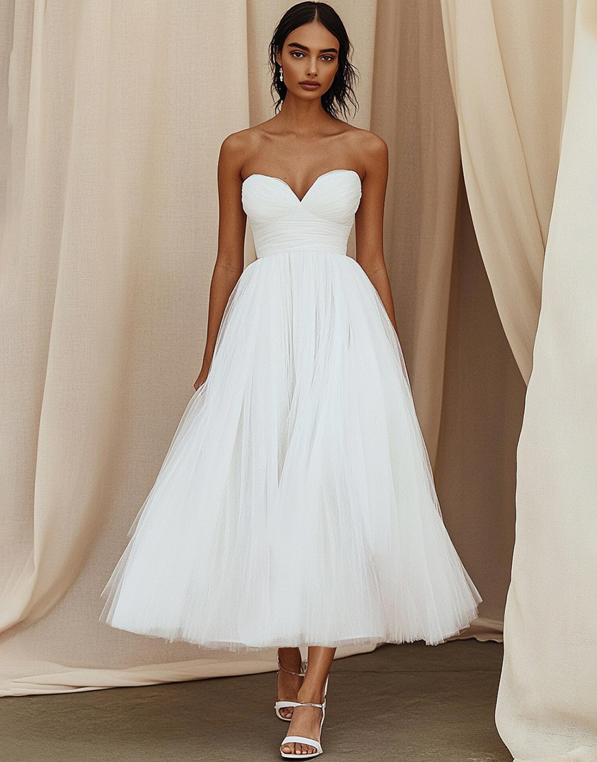 Simple A-Line Strapless Tulle Tea Length Little White Graduation Dress