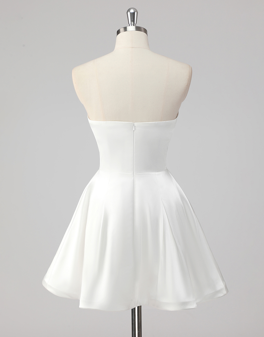 Simple A-Line Strapless Pleating Satin Little White Graduation Dress