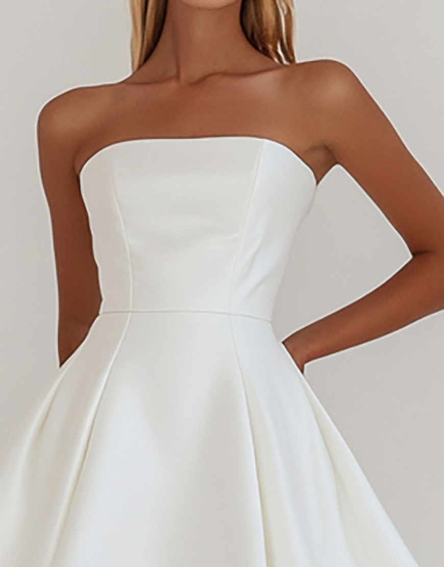 Simple A-Line Strapless Pleating Satin Little White Graduation Dress