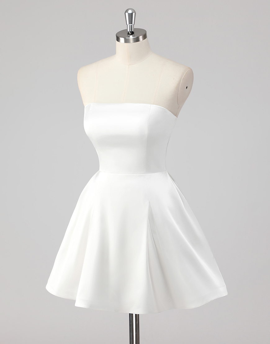Simple A-Line Strapless Pleating Satin Little White Graduation Dress